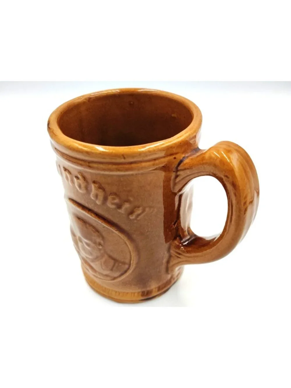 Gesundheit Brown Stoneware Beer Mug Vintage Embossed German Style Stein Cup